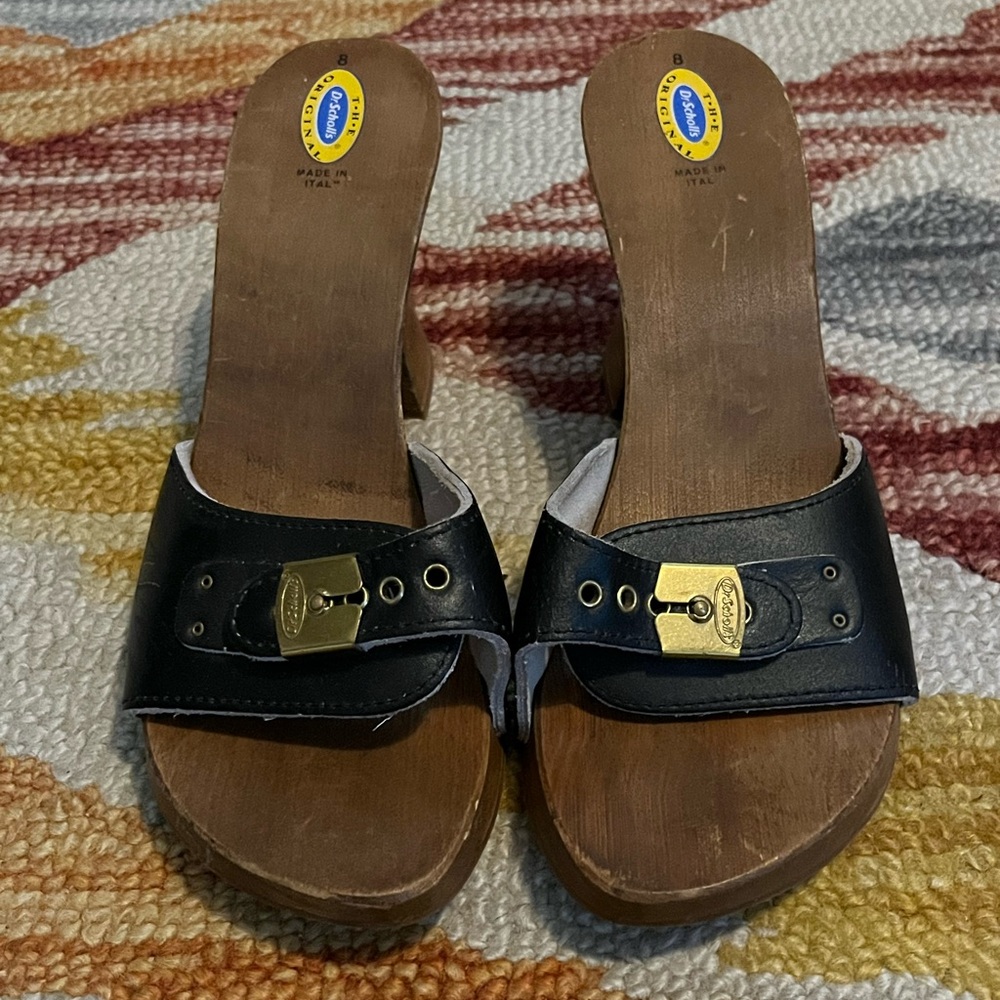 Dr. Scholl's Black Leather Wooden Sandals With Gold Buckles